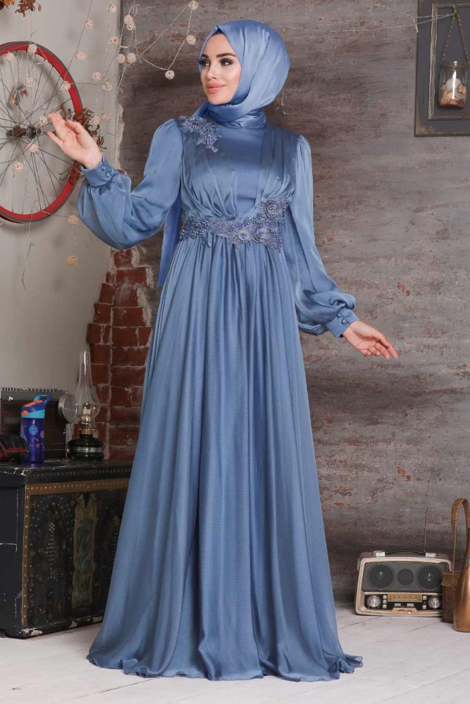 Tesettürlü Abiye Elbise - Robe de soirée islamique bleu indigo 21630IM - 2