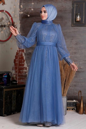 Tesettürlü Abiye Elbise - Robe de soirée islamique bleu indigo 21691IM - 1