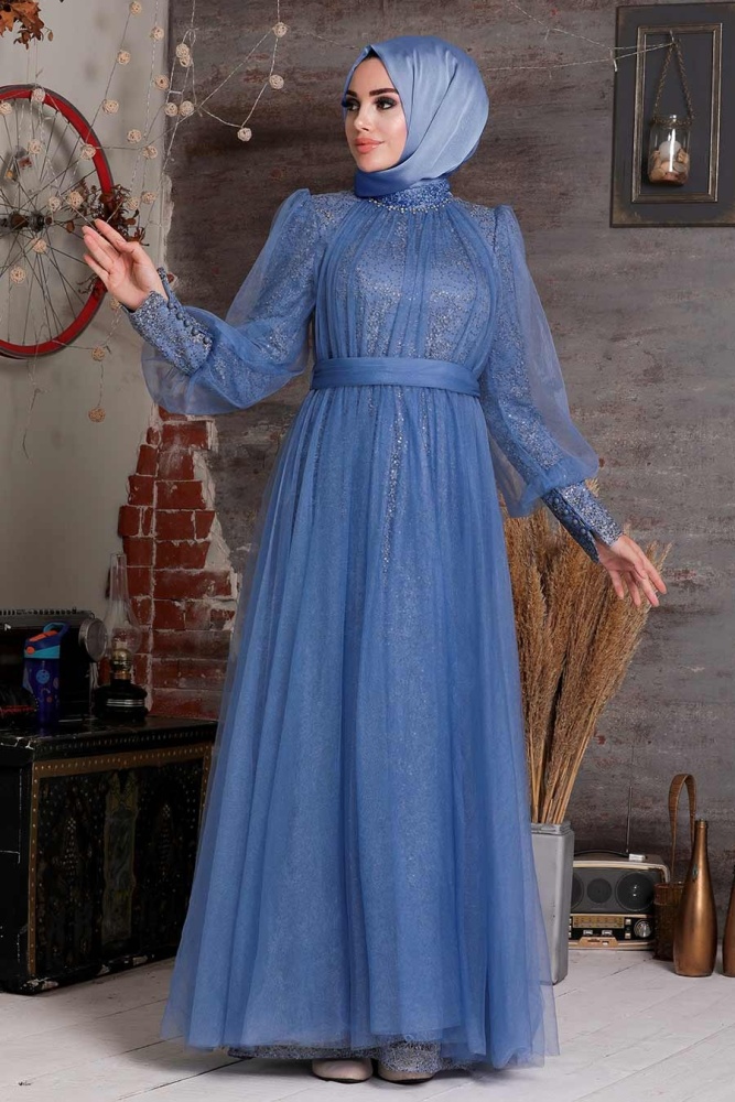 Tesettürlü Abiye Elbise - Robe de soirée islamique bleu indigo 21691IM - 1