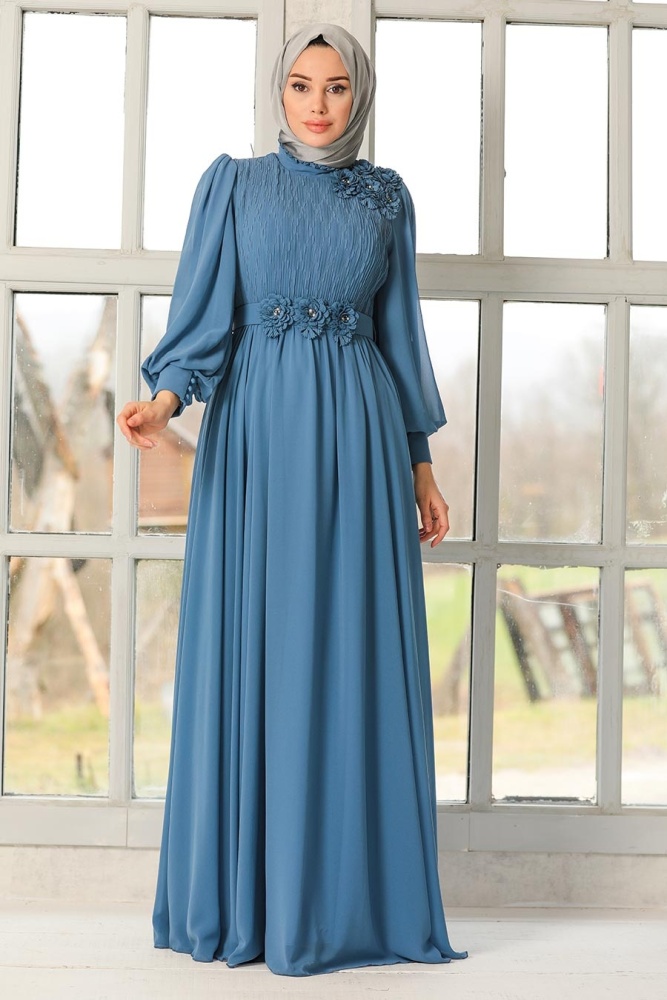 Tesettürlü Abiye Elbise - Robe de soirée islamique bleu indigo 21951IM - 2