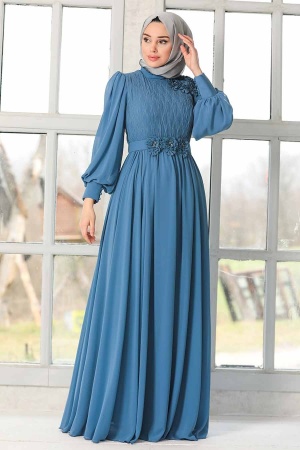 Tesettürlü Abiye Elbise - Robe de soirée islamique bleu indigo 21951IM - 4