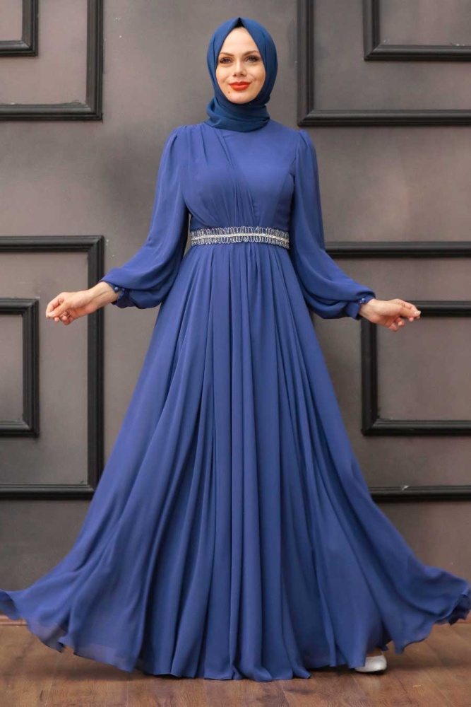 Tesettürlü Abiye Elbise - Robe de soirée islamique bleu indigo 22040IM - 1