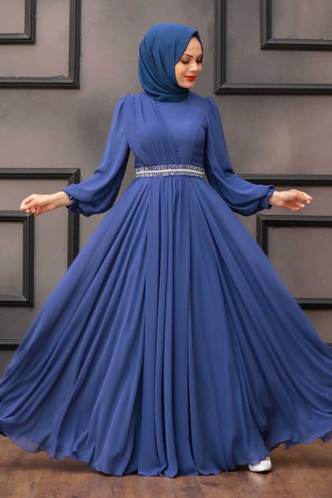 Tesettürlü Abiye Elbise - Robe de soirée islamique bleu indigo 22040IM - 2