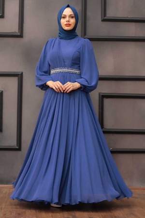 Tesettürlü Abiye Elbise - Robe de soirée islamique bleu indigo 22040IM - 3
