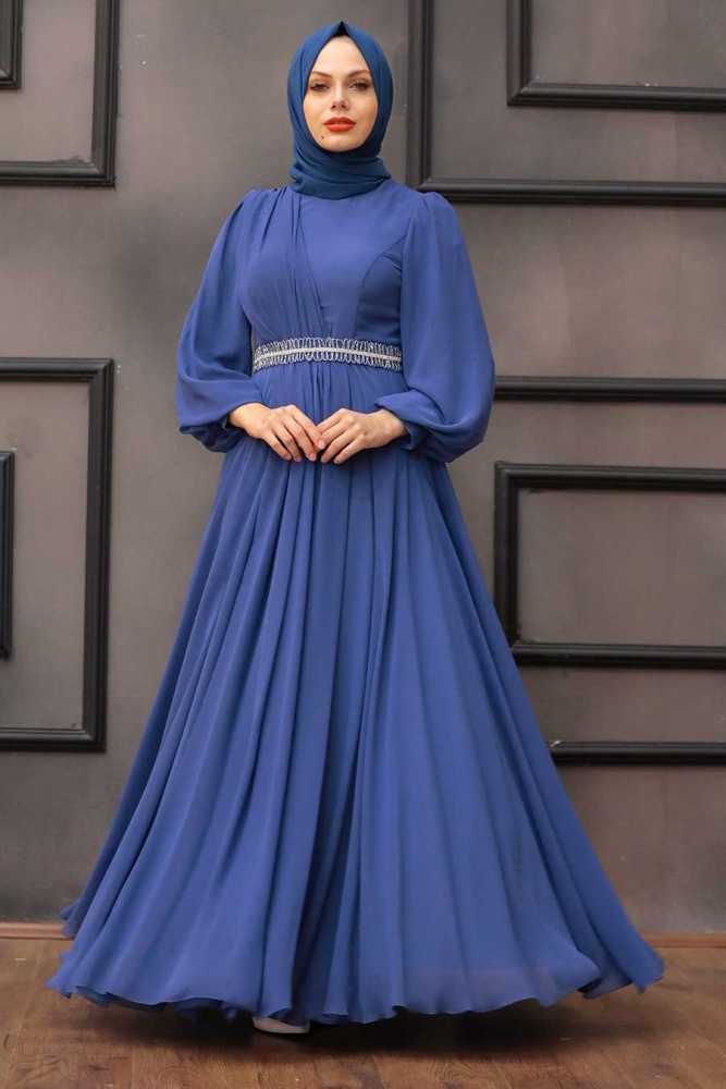 Tesettürlü Abiye Elbise - Robe de soirée islamique bleu indigo 22040IM - 3