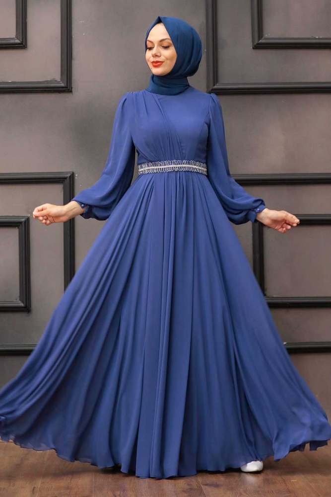 Tesettürlü Abiye Elbise - Robe de soirée islamique bleu indigo 22040IM - 4