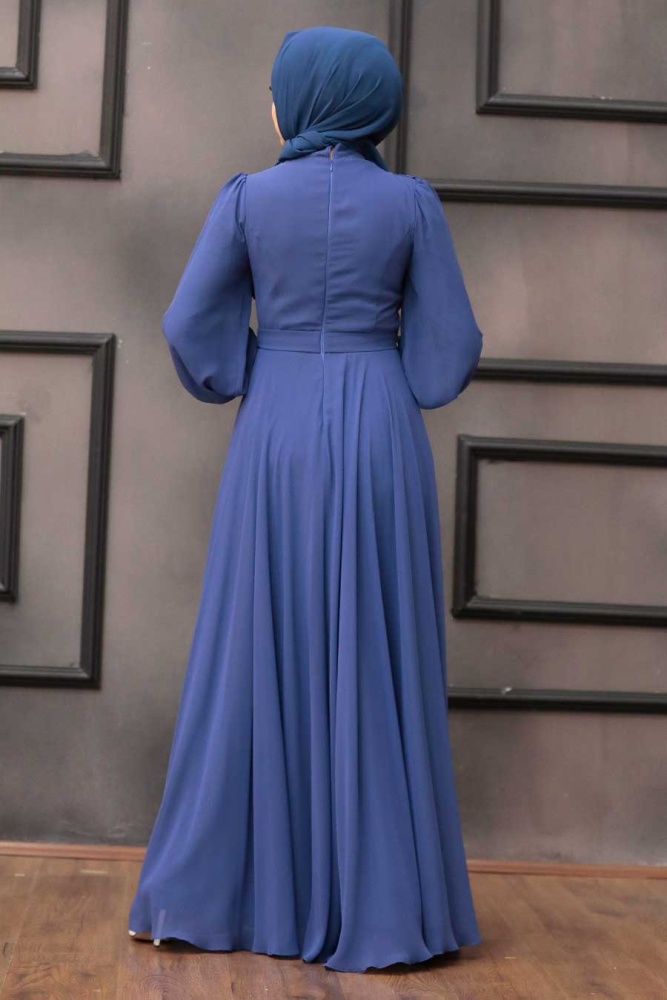 Tesettürlü Abiye Elbise - Robe de soirée islamique bleu indigo 22040IM - 5