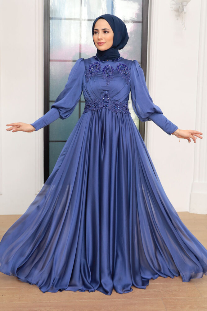 Tesettürlü Abiye Elbise - Robe de soirée islamique bleu indigo 22101IM - 1