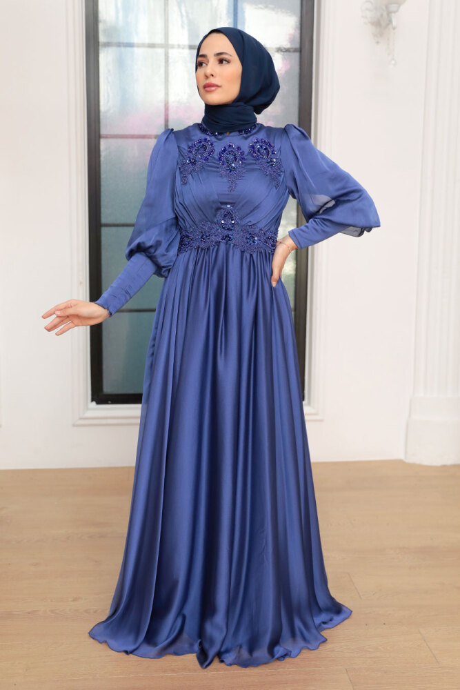 Tesettürlü Abiye Elbise - Robe de soirée islamique bleu indigo 22101IM - 2