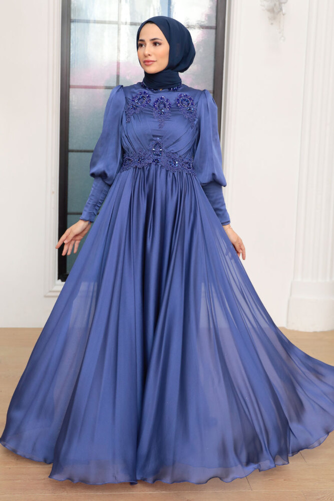 Tesettürlü Abiye Elbise - Robe de soirée islamique bleu indigo 22101IM - 3