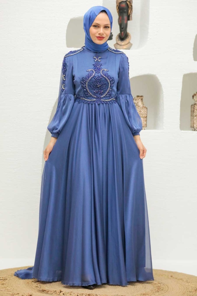 Tesettürlü Abiye Elbise -Robe de soirée islamique bleu indigo 2212IM - 3