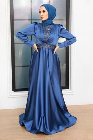 Tesettürlü Abiye Elbise - Robe de Soirée Islamique Bleu Indigo 22221IM - 1