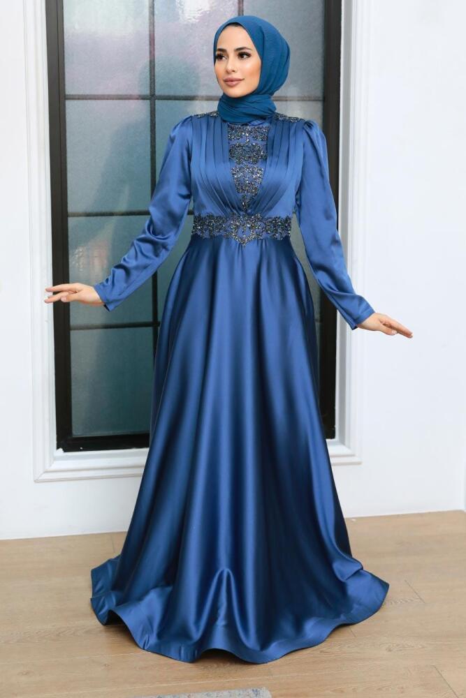 Tesettürlü Abiye Elbise - Robe de Soirée Islamique Bleu Indigo 22221IM - 2