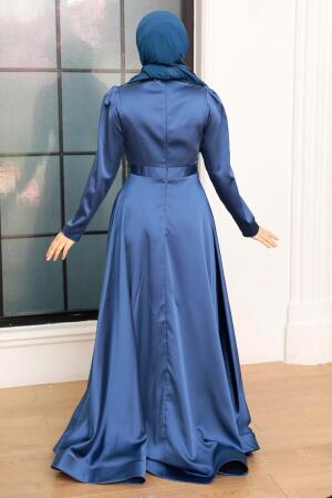 Tesettürlü Abiye Elbise - Robe de Soirée Islamique Bleu Indigo 22221IM - 3