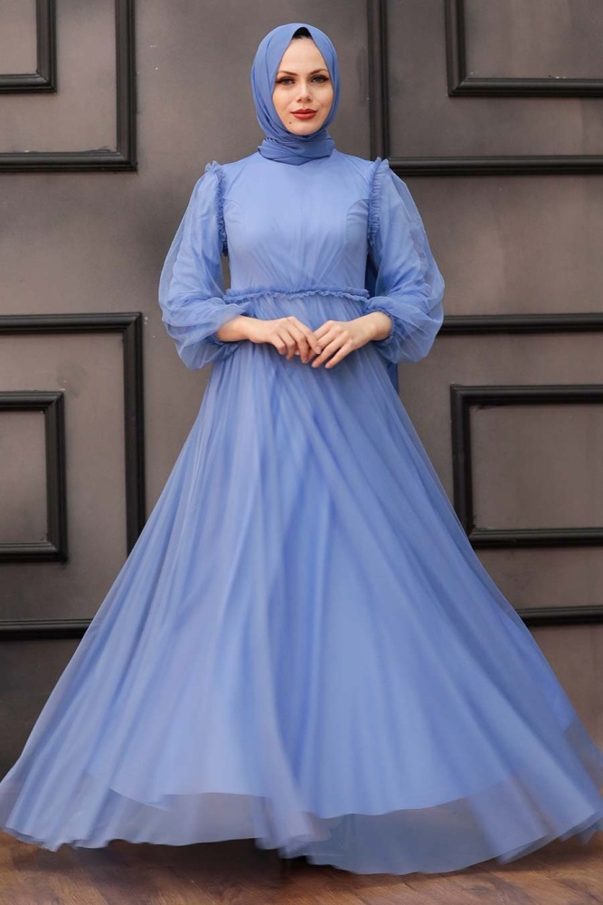 Tesettürlü Abiye Elbise -Robe de soirée islamique bleu indigo 29210IM - 1