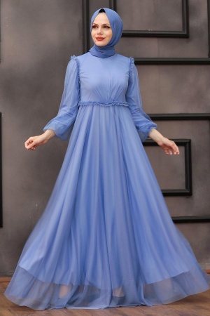 Tesettürlü Abiye Elbise -Robe de soirée islamique bleu indigo 29210IM - 2