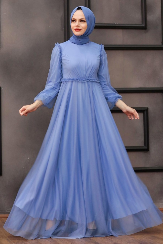 Tesettürlü Abiye Elbise -Robe de soirée islamique bleu indigo 29210IM - 2
