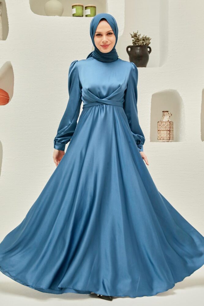 Tesettürlü Abiye Elbise - Robe de Soirée Islamique Bleu Indigo 3064IM - 1