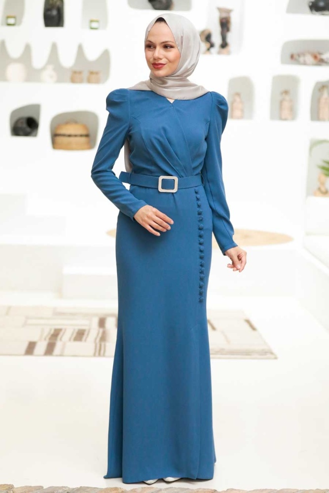 Tesettürlü Abiye Elbise - Robe de soirée islamique bleu indigo 3231IM - 2