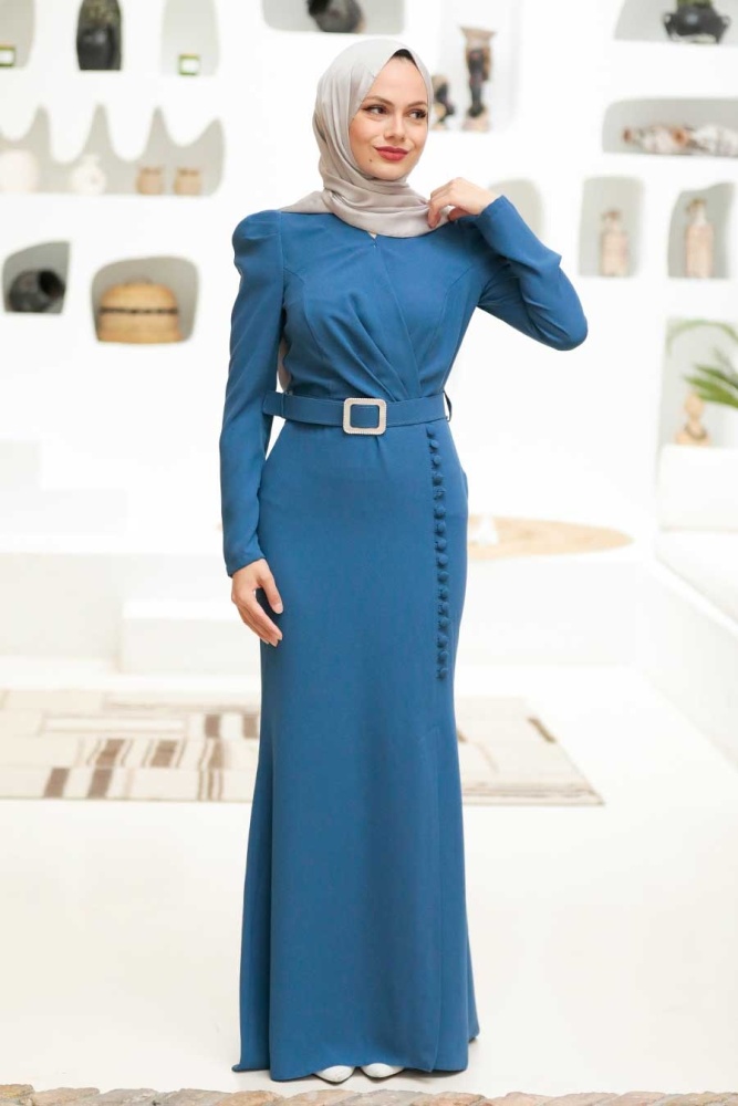 Tesettürlü Abiye Elbise - Robe de soirée islamique bleu indigo 3231IM - 3