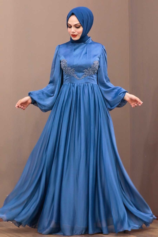 Tesettürlü Abiye Elbise - Robe de soirée islamique bleu indigo 33190IM - 1