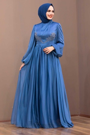Tesettürlü Abiye Elbise - Robe de soirée islamique bleu indigo 33190IM - 2