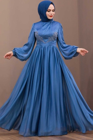 Tesettürlü Abiye Elbise - Robe de soirée islamique bleu indigo 33190IM - 3