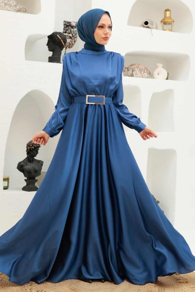 Tesettürlü Abiye Elbise - Robe de Soirée Islamique Bleu Indigo 3378IM - 2