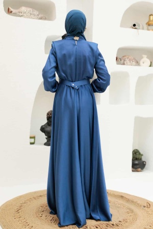 Tesettürlü Abiye Elbise - Robe de Soirée Islamique Bleu Indigo 3378IM - 3