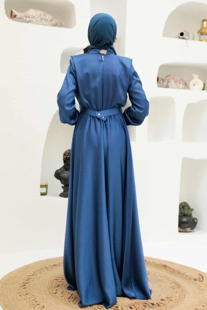 Tesettürlü Abiye Elbise - Robe de Soirée Islamique Bleu Indigo 3378IM - 3