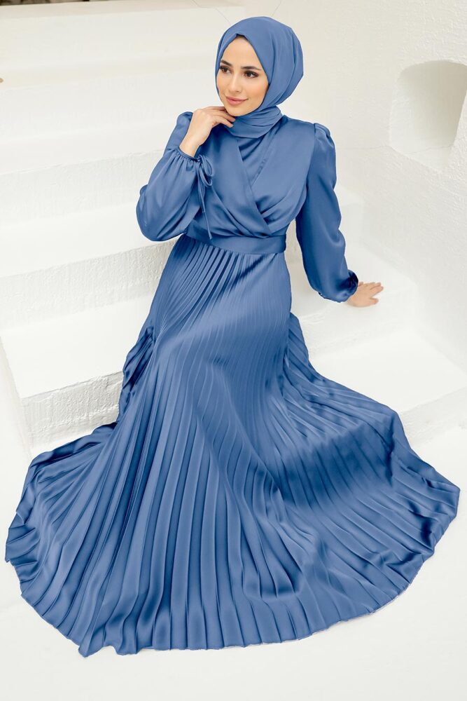 Tesettürlü Abiye Elbise - Robe de Soirée Islamique Bleu Indigo 3452IM - 1