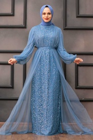 Tesettürlü Abiye Elbise - Robe de soirée islamique bleu indigo 5383IM - Thumbnail