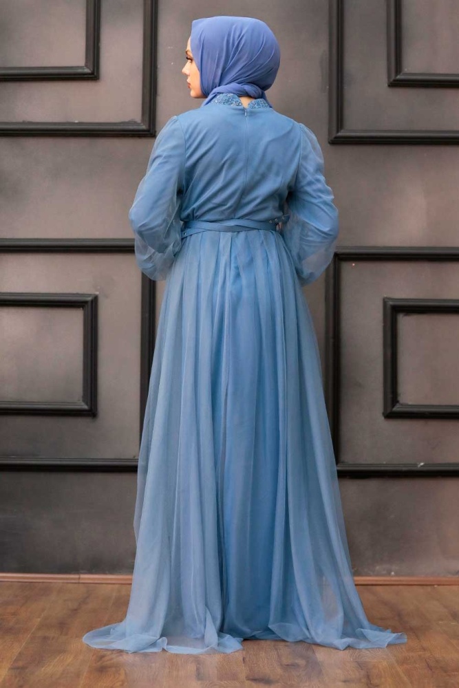 Tesettürlü Abiye Elbise - Robe de soirée islamique bleu indigo 5383IM - 2
