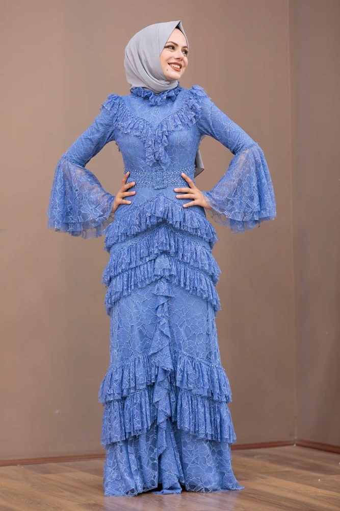 Tesettürlü Abiye Elbise- Robe de soirée islamique bleu indigo 75801IM - 1