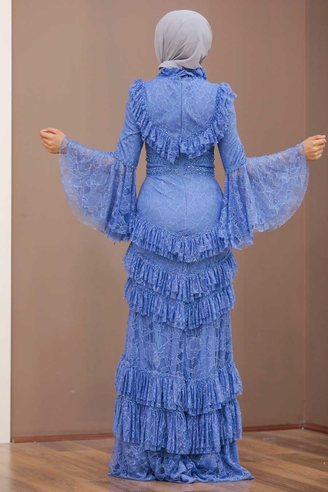 Tesettürlü Abiye Elbise- Robe de soirée islamique bleu indigo 75801IM - 2