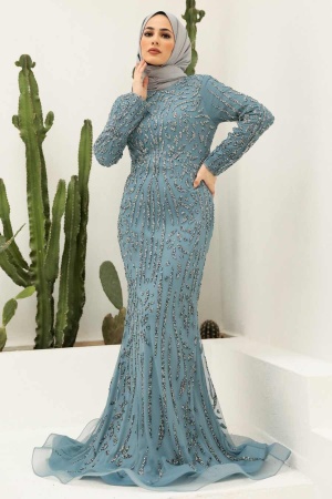 Tesettürlü Abiye Elbise - Robe de soirée islamique bleu indigo 820IM - 2