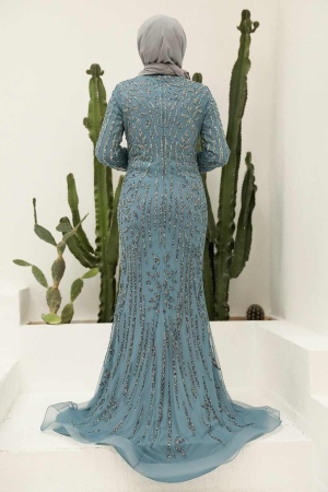 Tesettürlü Abiye Elbise - Robe de soirée islamique bleu indigo 820IM - 3