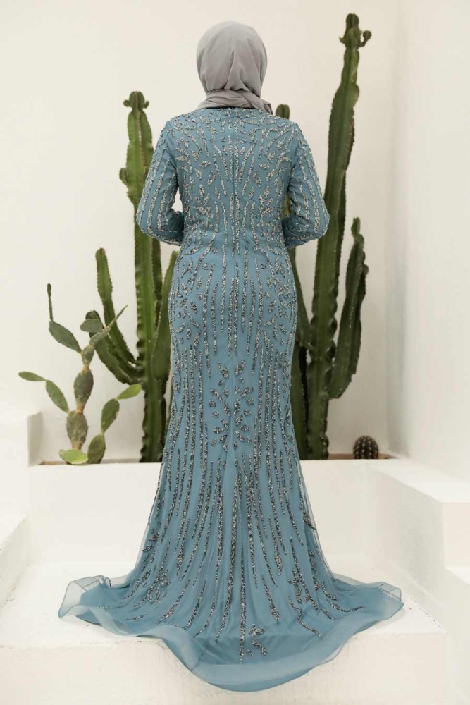 Tesettürlü Abiye Elbise - Robe de soirée islamique bleu indigo 820IM - 3