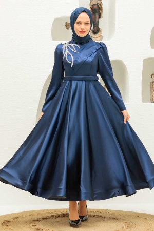 Tesettürlü Abiye Elbise - Robe de soirée islamique bleu marine 22260L - 2