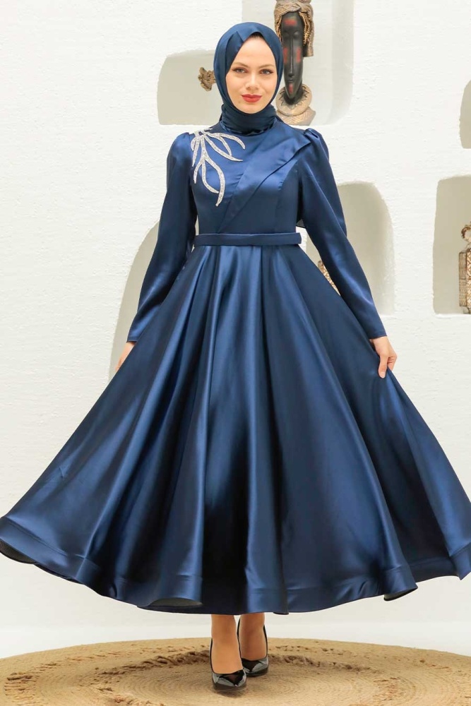 Tesettürlü Abiye Elbise - Robe de soirée islamique bleu marine 22260L - 2