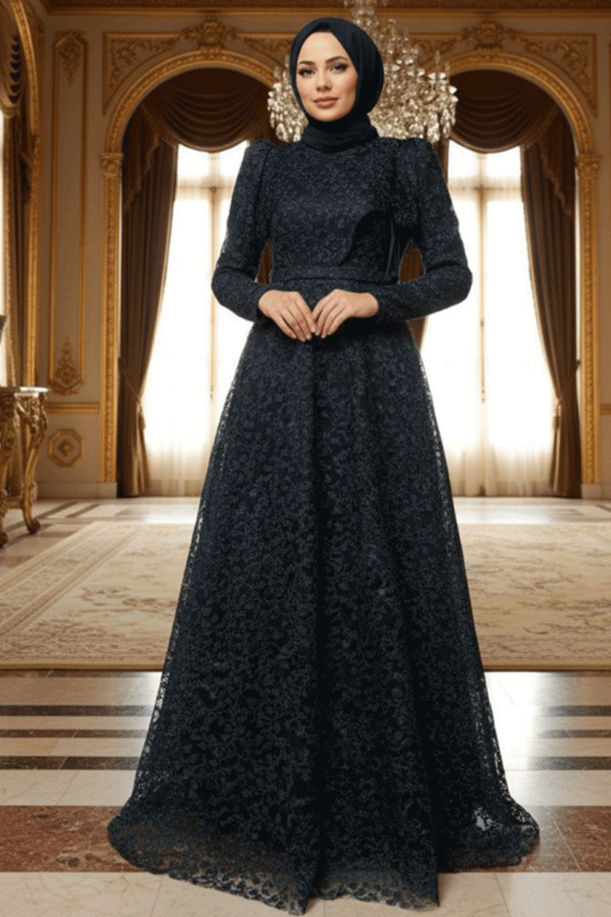 Tesettürlü Abiye Elbise - Robe de Soirée Islamique Bleu Marine 22421L - 1