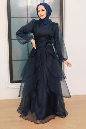 Tesettürlü Abiye Elbise - Robe de Soirée Islamique Bleu Marine 22480L - 1