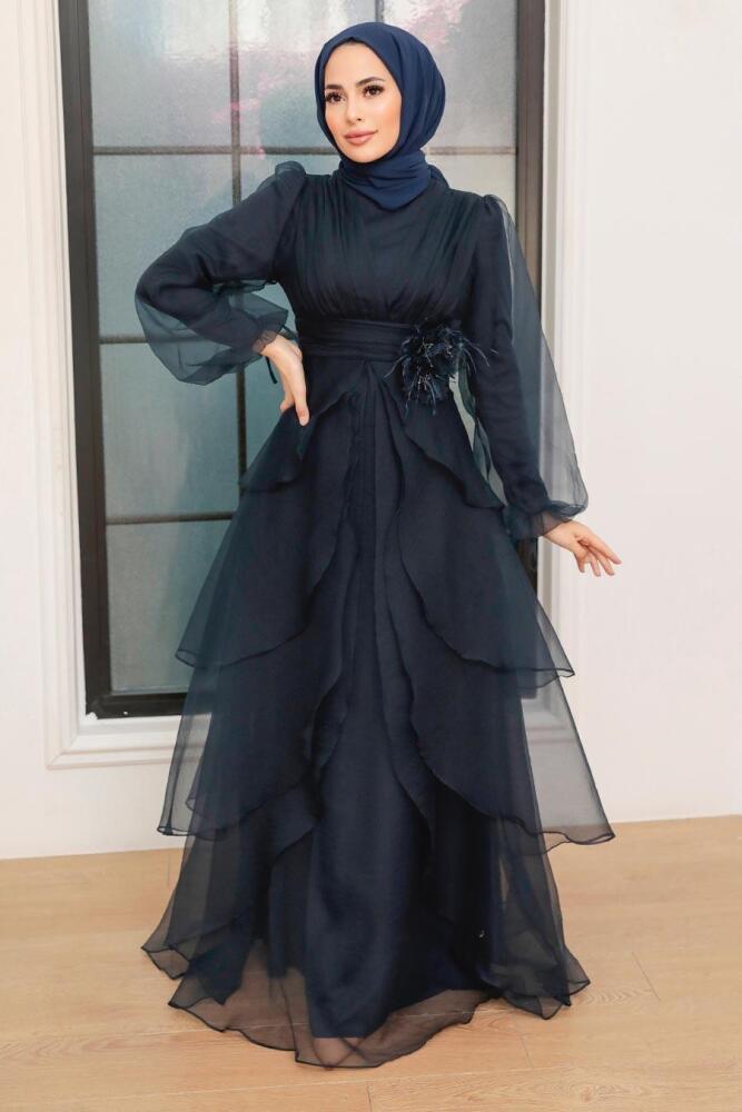 Tesettürlü Abiye Elbise - Robe de Soirée Islamique Bleu Marine 22480L - 1