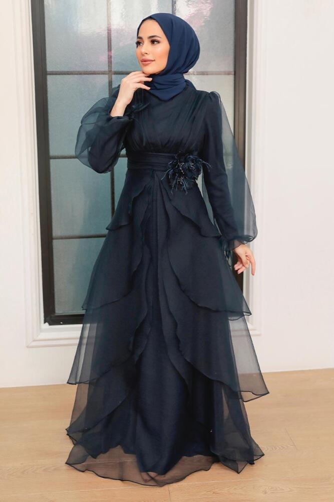 Tesettürlü Abiye Elbise - Robe de Soirée Islamique Bleu Marine 22480L - 2