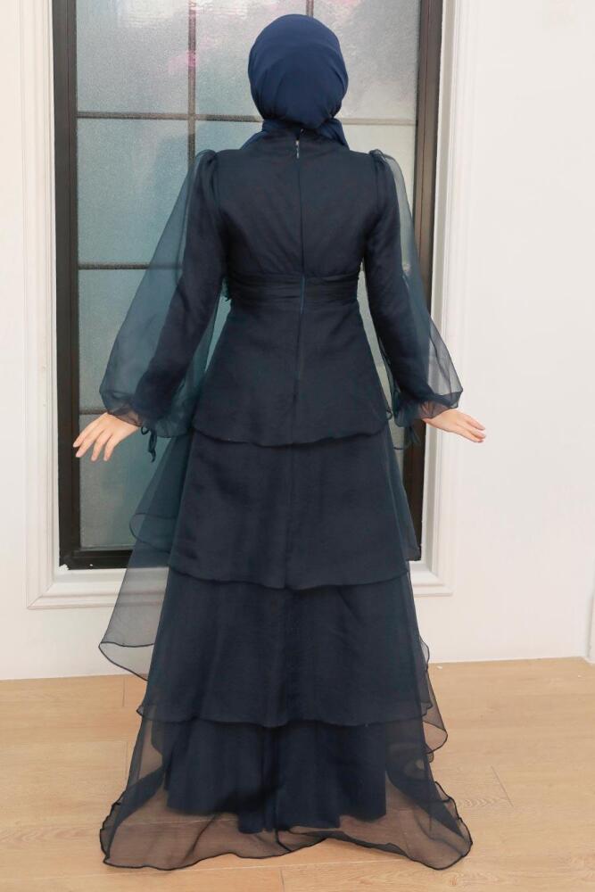 Tesettürlü Abiye Elbise - Robe de Soirée Islamique Bleu Marine 22480L - 3
