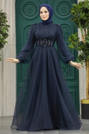 Tesettürlü Abiye Elbise - Robe de Soirée Islamique Bleu Marine 2249L - Thumbnail