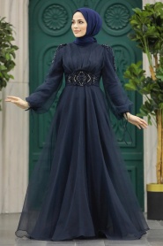 Tesettürlü Abiye Elbise - Robe de Soirée Islamique Bleu Marine 2249L - Thumbnail