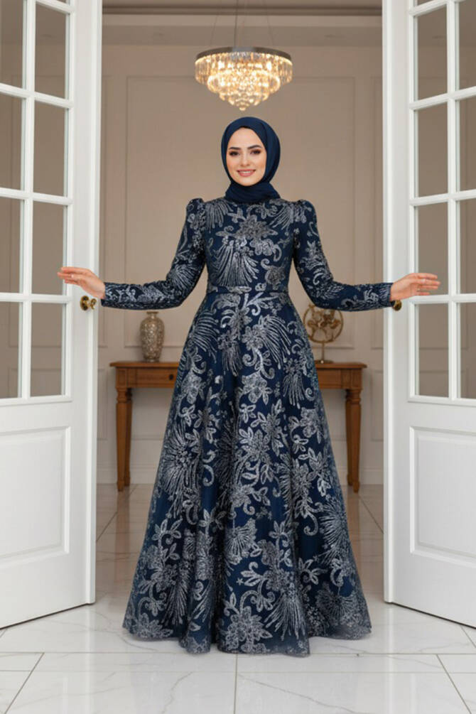Tesettürlü Abiye Elbise - Robe de Soirée Islamique Bleu Marine 22662L - 1