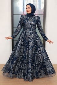 Tesettürlü Abiye Elbise - Robe de Soirée Islamique Bleu Marine 22662L - Thumbnail