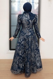 Tesettürlü Abiye Elbise - Robe de Soirée Islamique Bleu Marine 22662L - Thumbnail